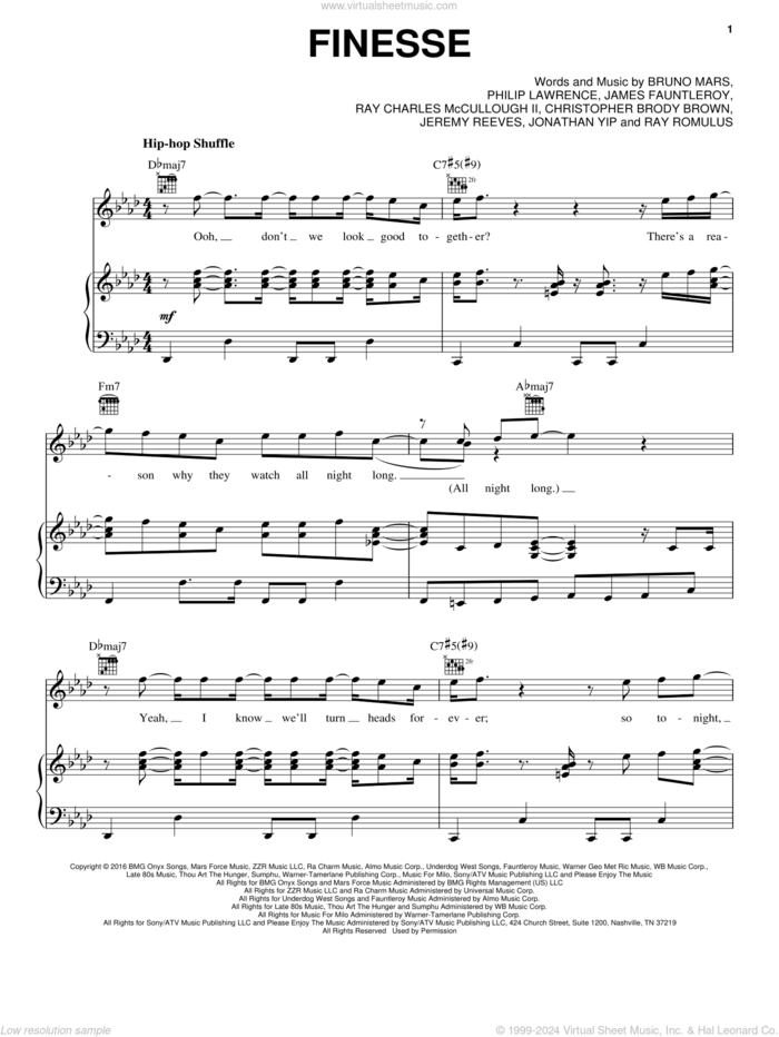 Finesse sheet music for voice, piano or guitar by Bruno Mars, Christopher Brody Brown, James Fauntleroy, Jeremy Reeves, Jonathan Yip, Philip Lawrence, Ray Charles McCullough II and Ray Romulus, intermediate skill level