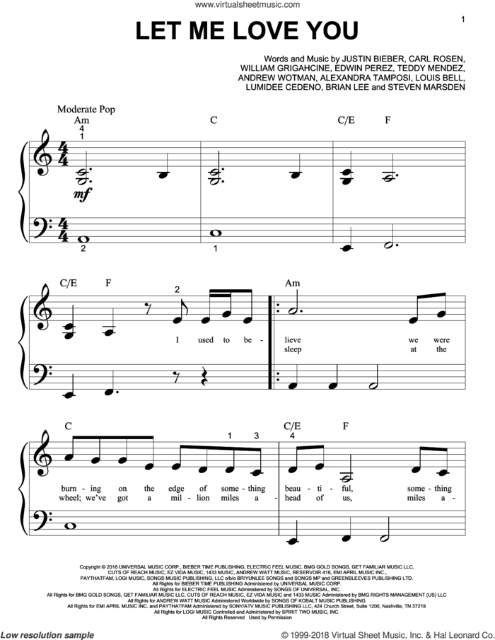 Let Me Love You sheet music for piano solo (big note book) by DJ Snake Feat. Justin Bieber, Alexandra Tamposi, Andrew Wotman, Brian Lee, Carl Rosen, Justin Bieber, Louis Bell and William Grigahcine, easy piano (big note book)