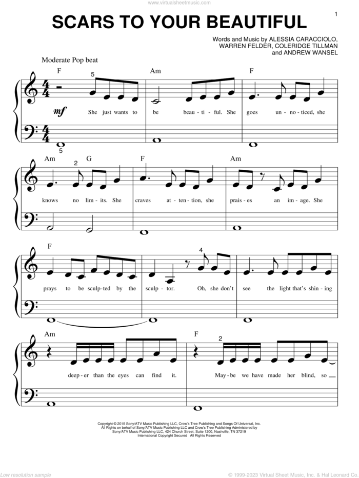 Scars To Your Beautiful sheet music for piano solo (big note book) by Alessia Cara, Alessia Caracciolo, Andrew Wansel, Coleridge Tillman and Warren Felder, easy piano (big note book)