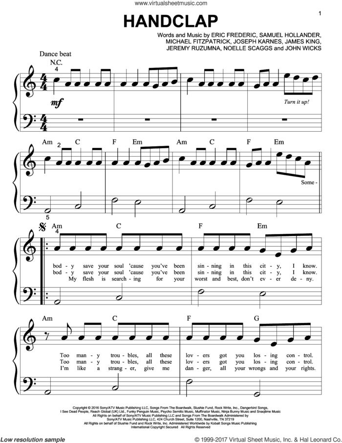 HandClap sheet music for piano solo (big note book) by Fitz And The Tantrums, Eric Frederic, James King, Jeremy Ruzumna, John Wicks, Joseph Karnes, Michael Fitzpatrick, Noelle Scaggs and Sam Hollander, easy piano (big note book)