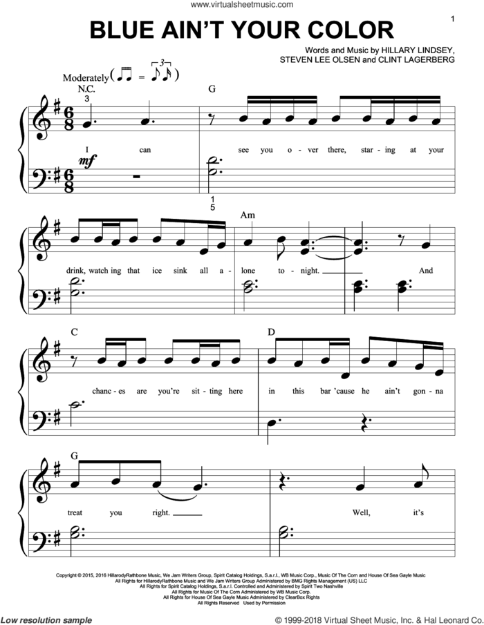 Blue Ain't Your Color sheet music for piano solo (big note book) by Keith Urban, Clint Lagerberg, Hillary Lindsey and Steven Lee Olsen, easy piano (big note book)
