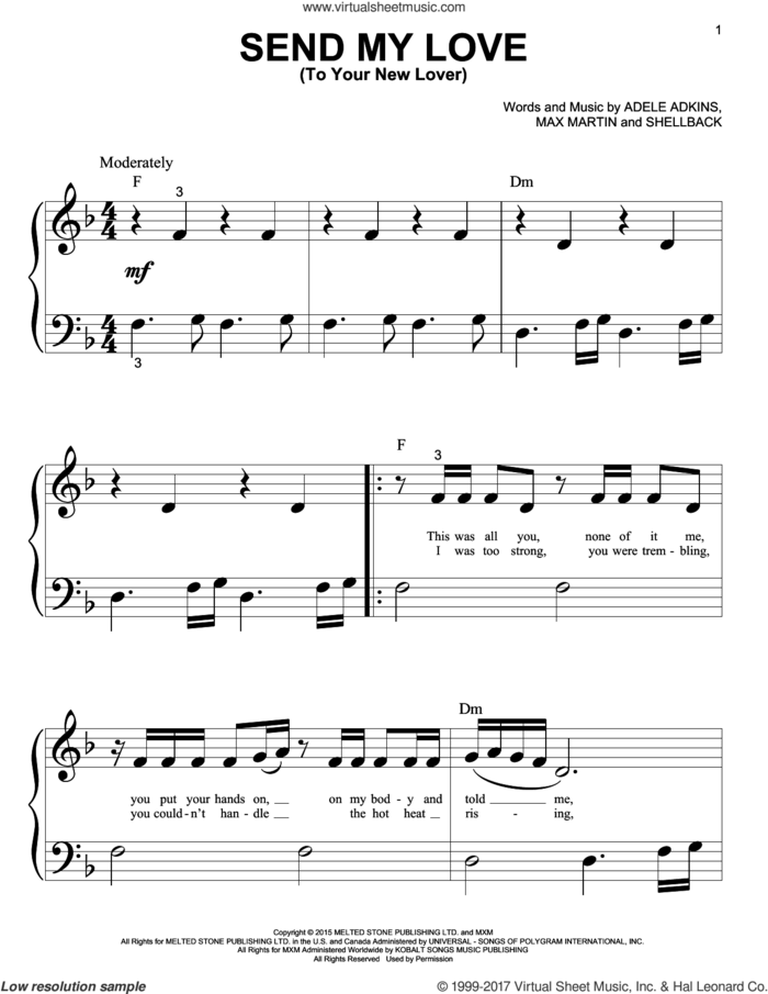 Send My Love (To Your New Lover) sheet music for piano solo (big note book) by Adele, Adele Adkins, Johan Schuster, Max Martin and Shellback, easy piano (big note book)