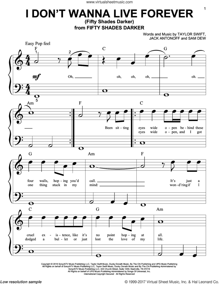 I Don't Wanna Live Forever (Fifty Shades Darker) sheet music for piano solo (big note book) by Zayn and Taylor Swift, Jack Antonoff, Sam Dew and Taylor Swift, easy piano (big note book)