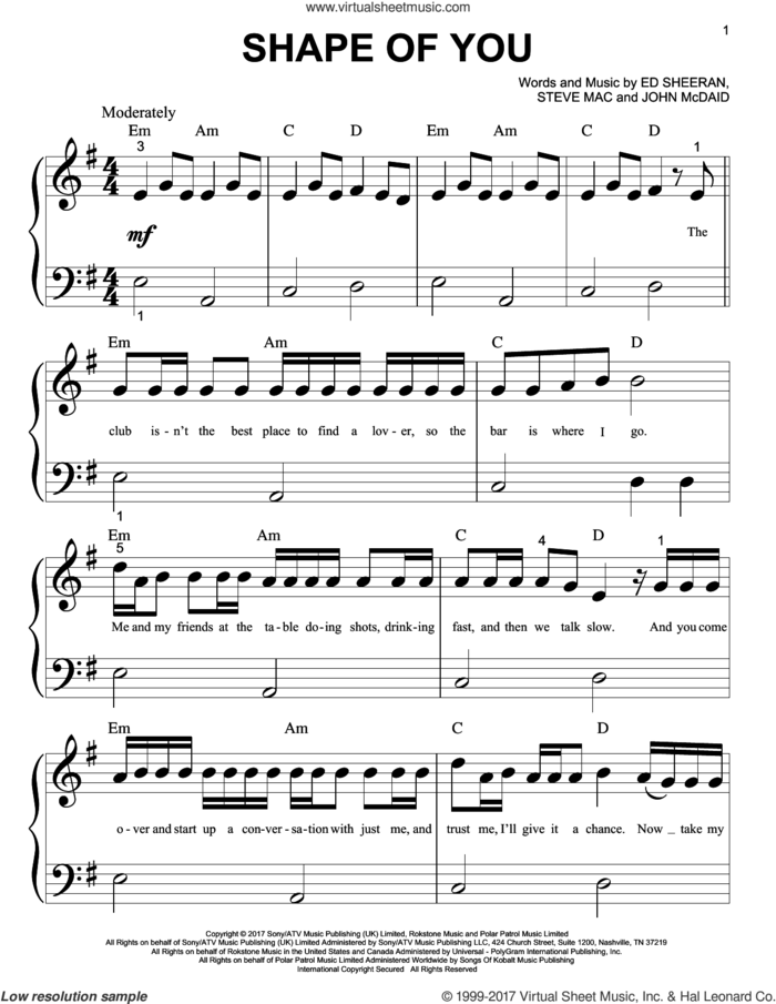 Shape Of You sheet music for piano solo (big note book) by Ed Sheeran, John McDaid, Kandi Burruss, Kevin Briggs, Steve Mac and Tameka Cottle, easy piano (big note book)