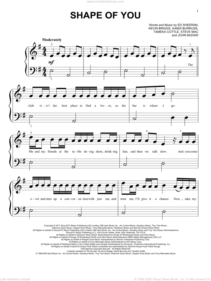 Shape Of You sheet music for piano solo (big note book) by Ed Sheeran, John McDaid, Kandi Burruss, Kevin Briggs, Steve Mac and Tameka Cottle, easy piano (big note book)