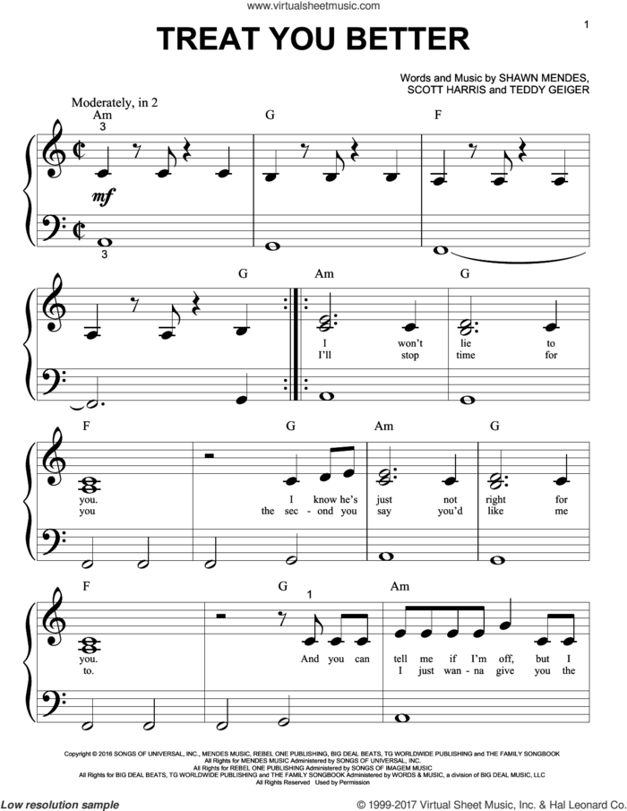 Treat You Better sheet music for piano solo (big note book) by Shawn Mendes, Scott Harris and Teddy Geiger, easy piano (big note book)