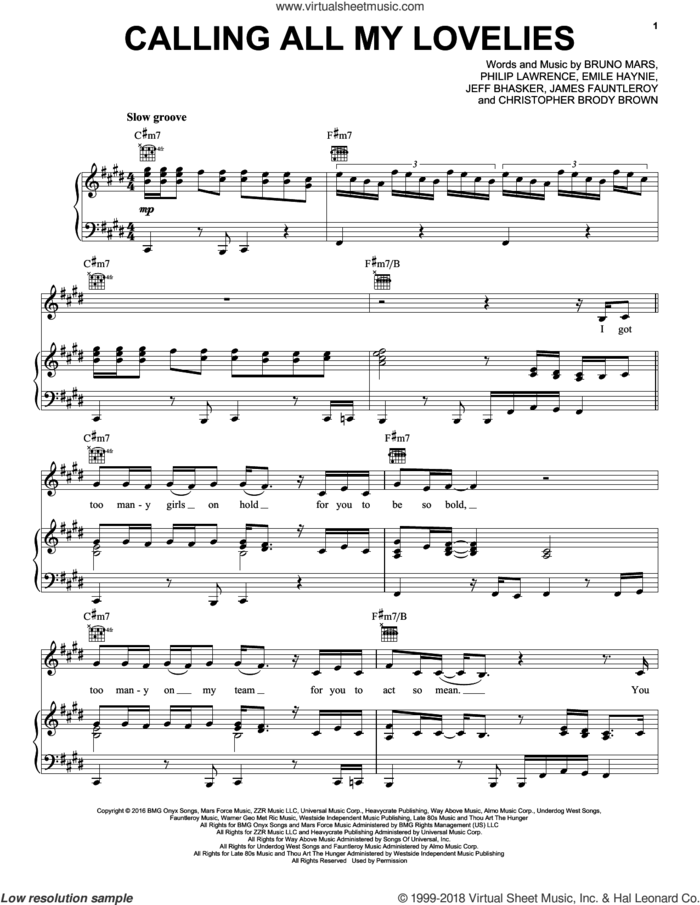Calling All My Lovelies sheet music for voice, piano or guitar by Bruno Mars, Christopher Brody Brown, Emile Haynie, James Fauntleroy, Jeff Bhasker and Philip Lawrence, intermediate skill level