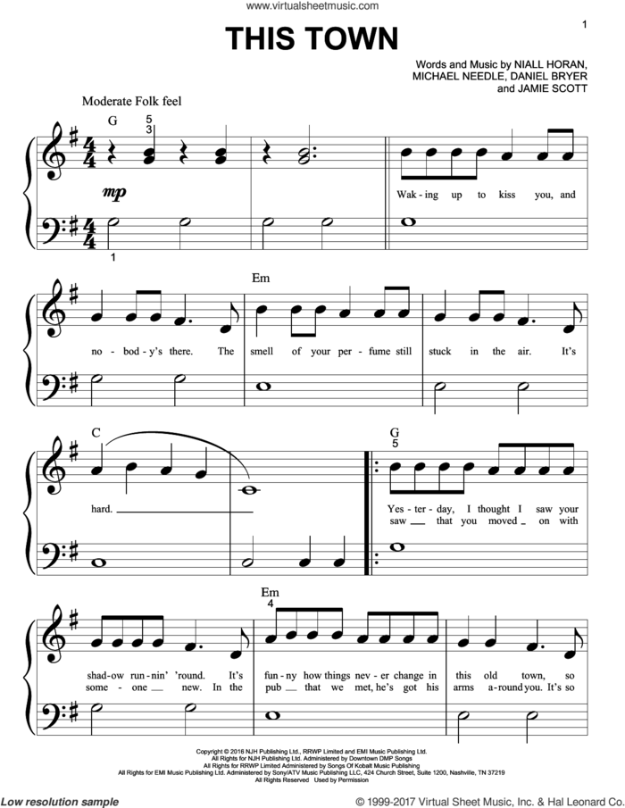 This Town sheet music for piano solo (big note book) by Niall Horan, Daniel Bryer, Jamie Scott and Michael Needle, easy piano (big note book)