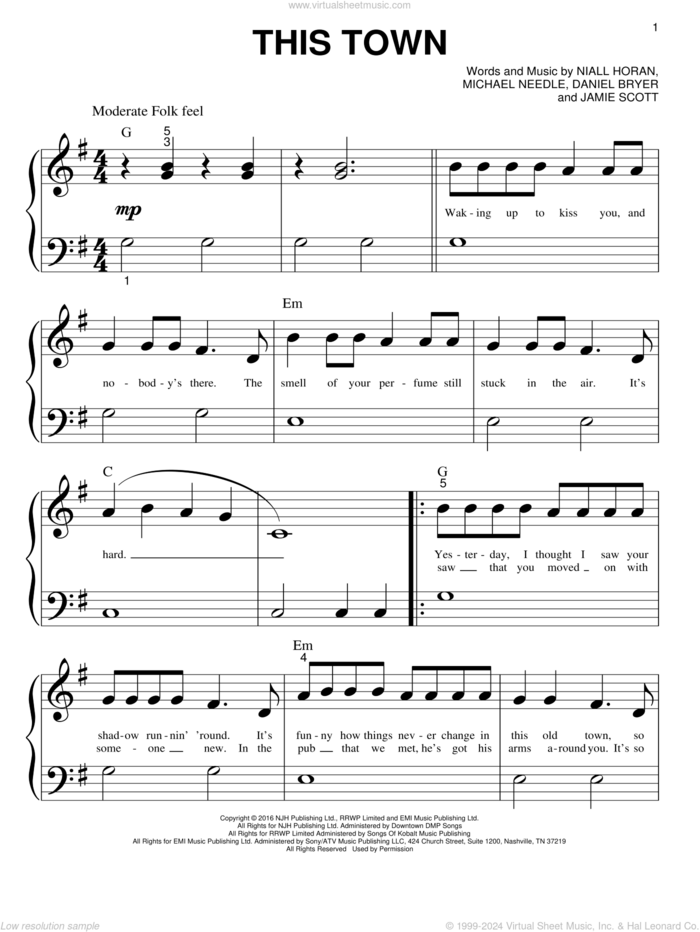 This Town sheet music for piano solo (big note book) by Niall Horan, Daniel Bryer, Jamie Scott and Michael Needle, easy piano (big note book)