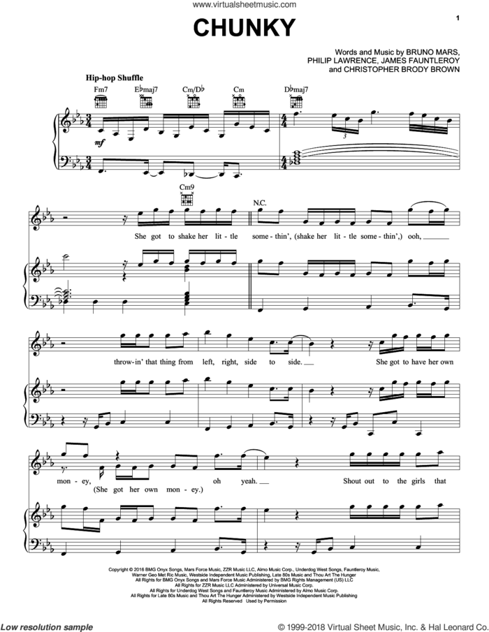 Chunky sheet music for voice, piano or guitar by Bruno Mars, Christopher Brody Brown, James Fauntleroy and Philip Lawrence, intermediate skill level