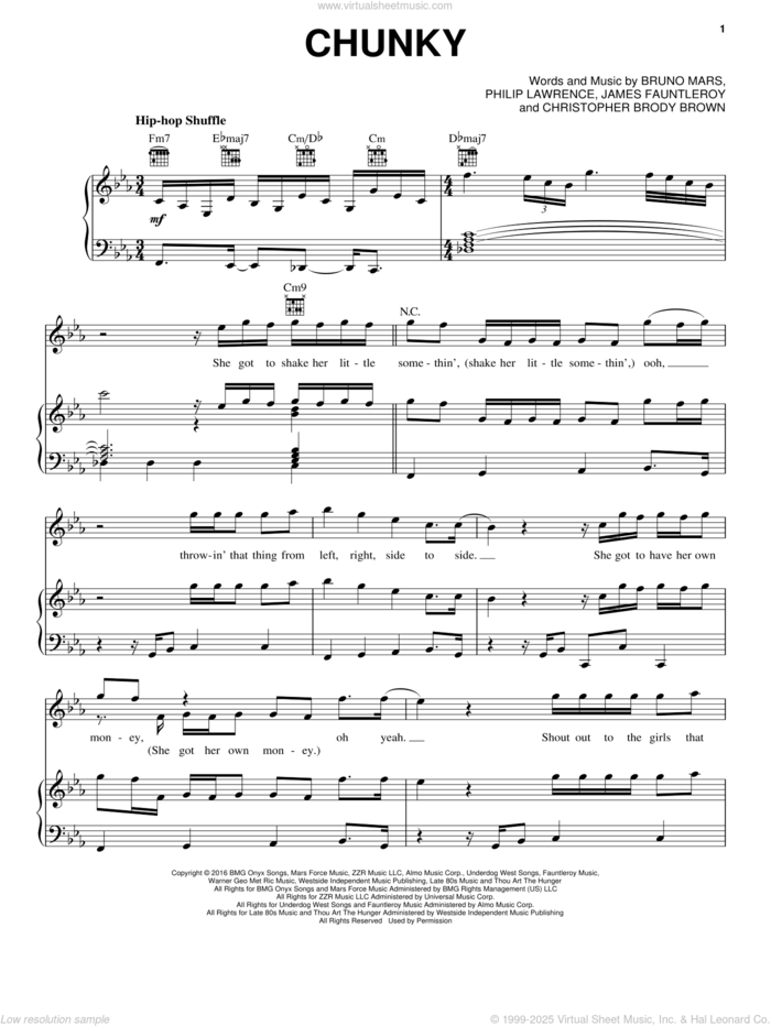 Chunky sheet music for voice, piano or guitar by Bruno Mars, Christopher Brody Brown, James Fauntleroy and Philip Lawrence, intermediate skill level