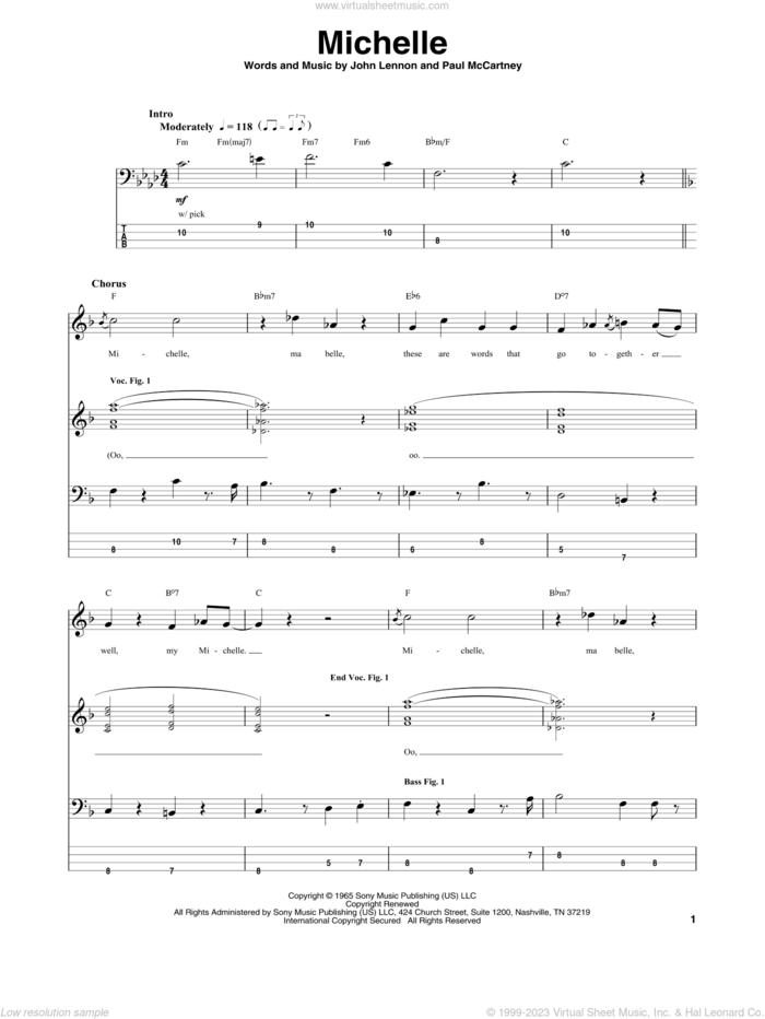 Michelle sheet music for bass (tablature) (bass guitar) by The Beatles, John Lennon and Paul McCartney, intermediate skill level