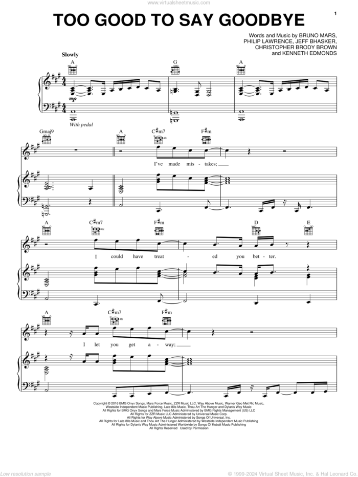 Too Good To Say Goodbye sheet music for voice, piano or guitar by Bruno Mars, Christopher Brody Brown, Jeff Bhasker, Kenneth Edmonds and Philip Lawrence, intermediate skill level