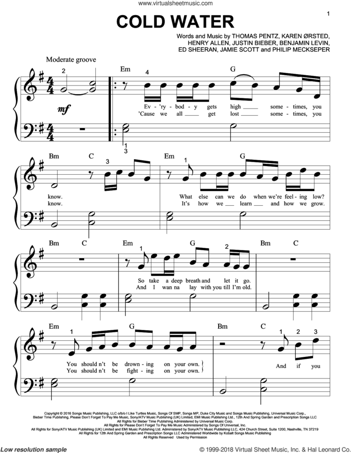 Cold Water (featuring Justin Bieber and MO) sheet music for piano solo (big note book) by Major Lazer, Major Lazer feat. Justin Bieber and MAu, Major Lazer feat. Justin Bieber and MO, MO, Benjamin Levin, Ed Sheeran, Henry Allen, Jamie Scott, Justin Bieber, Karen Orsted, Philip Meckseper and Thomas Wesley Pentz, easy piano (big note book)