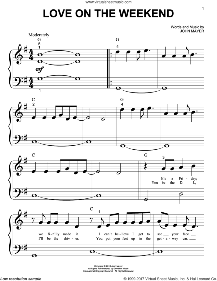 Love On The Weekend sheet music for piano solo (big note book) by John Mayer, easy piano (big note book)