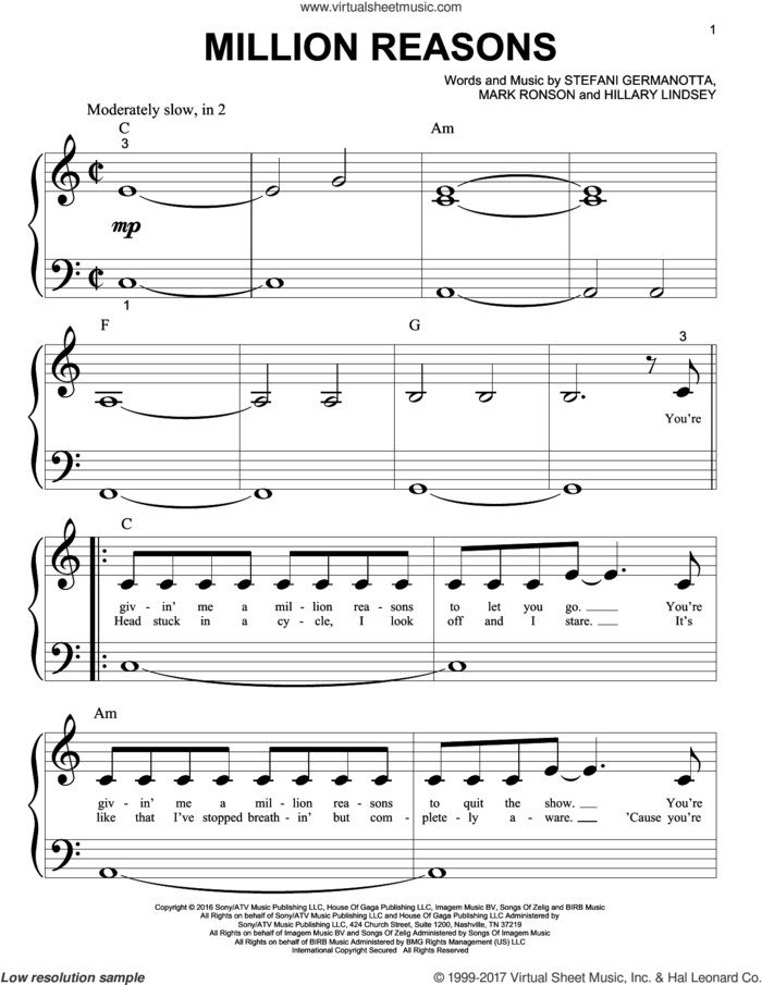Million Reasons sheet music for piano solo (big note book) by Lady Gaga, Hillary Lindsey and Mark Ronson, easy piano (big note book)
