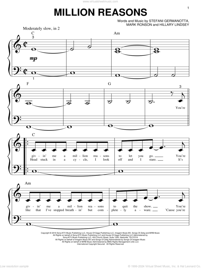 Million Reasons sheet music for piano solo (big note book) by Lady Gaga, Hillary Lindsey and Mark Ronson, easy piano (big note book)