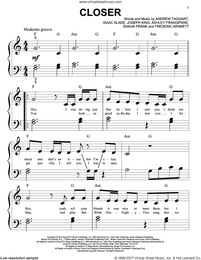 Closer sheet music for piano solo (big note book) by The Chainsmokers featuring Halsey, Andrew Taggart, Ashley Frangipane, Frederic Kennett, Isaac Slade, Joseph King and Shaun Frank, easy piano (big note book)