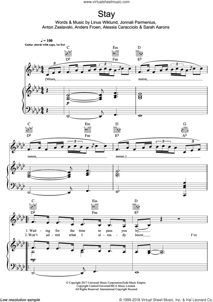 Stay sheet music for voice, piano or guitar by Zedd & Alessia Cara, Alessia Cara and Zedd, intermediate skill level