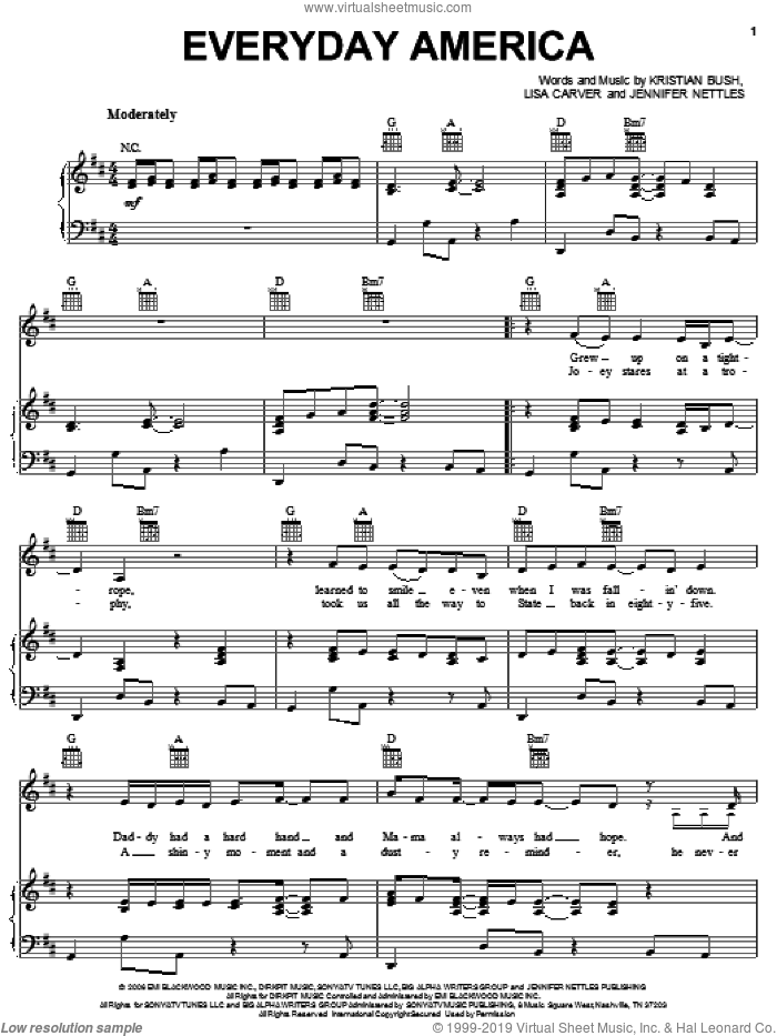 Everyday America sheet music for voice, piano or guitar by Sugarland, Jennifer Nettles, Kristian Bush and Lisa Carver, intermediate skill level