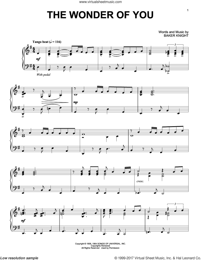 The Wonder Of You [Jazz version] sheet music for piano solo by Elvis Presley and Baker Knight, intermediate skill level