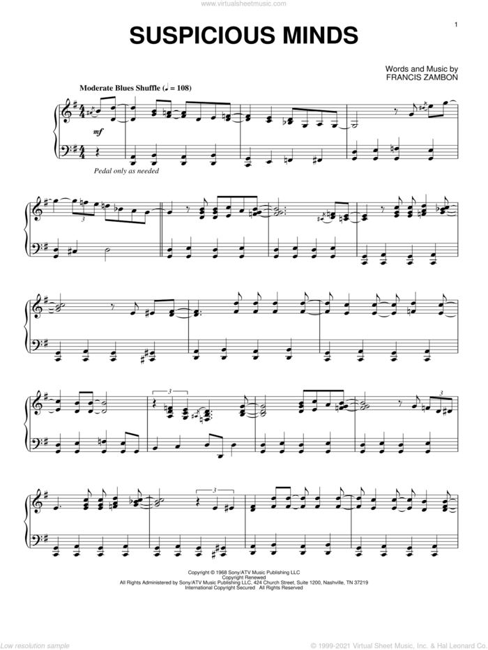Suspicious Minds [Jazz version] sheet music for piano solo by Elvis Presley and Francis Zambon, intermediate skill level
