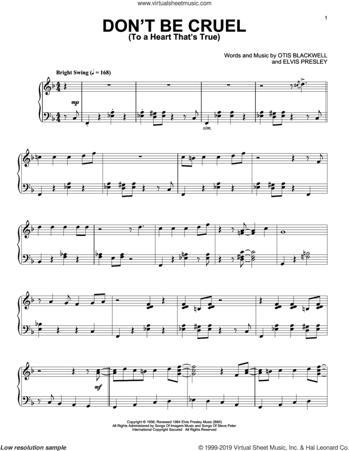 Don't Be Cruel (To A Heart That's True) [Jazz version] sheet music for piano solo by Elvis Presley and Otis Blackwell, intermediate skill level