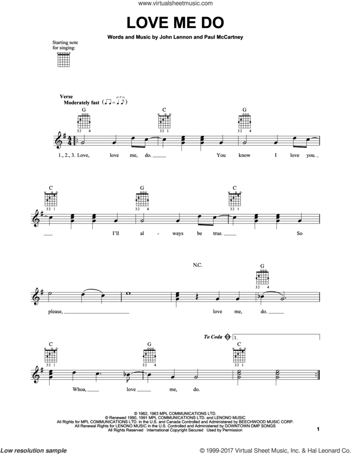 Love Me Do sheet music for guitar solo (chords) by The Beatles, John Lennon and Paul McCartney, easy guitar (chords)