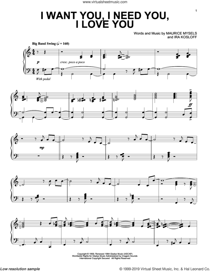 I Want You, I Need You, I Love You [Jazz version] sheet music for piano solo by Elvis Presley, Ira Kosloff and Maurice Mysels, intermediate skill level