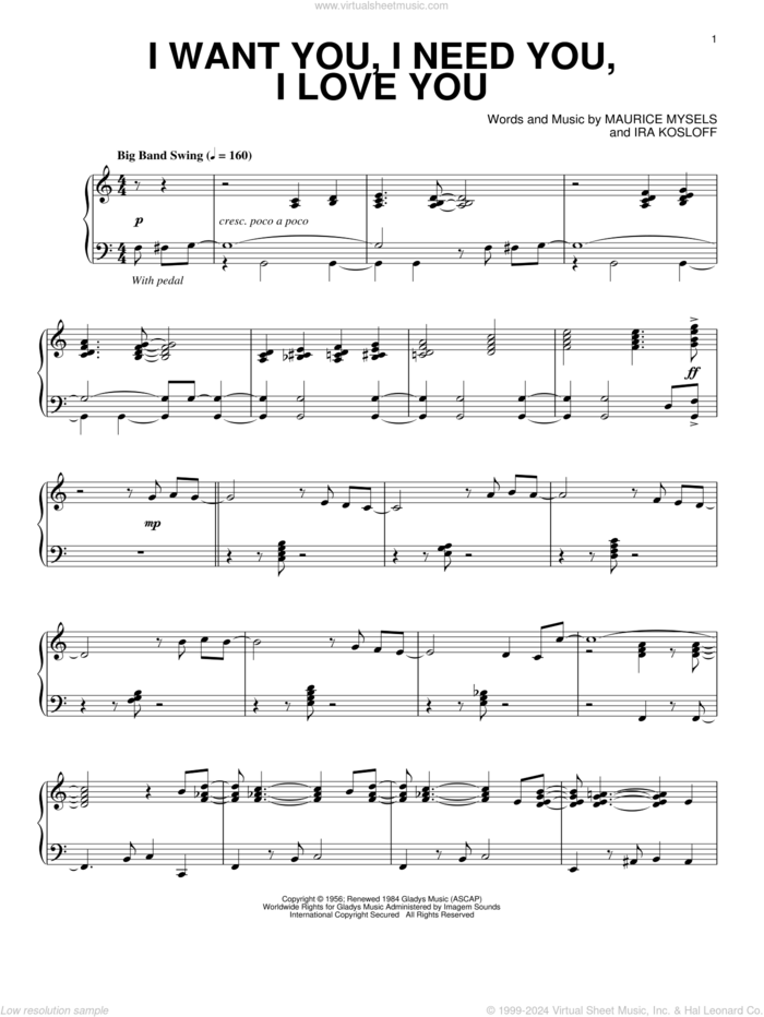 I Want You, I Need You, I Love You [Jazz version] sheet music for piano solo by Elvis Presley, Ira Kosloff and Maurice Mysels, intermediate skill level