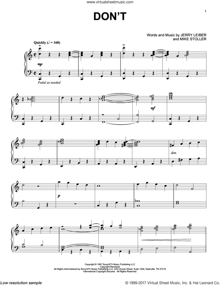 Don't [Jazz version] sheet music for piano solo by Elvis Presley, Jerry Leiber and Mike Stoller, intermediate skill level