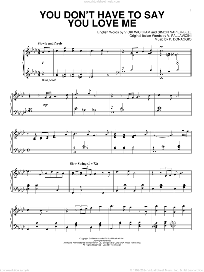 You Don't Have To Say You Love Me [Jazz version] sheet music for piano solo by Elvis Presley, P. Donaggio, Simon Napier-Bell, V. Pallavicini and Vicki Wickham, intermediate skill level