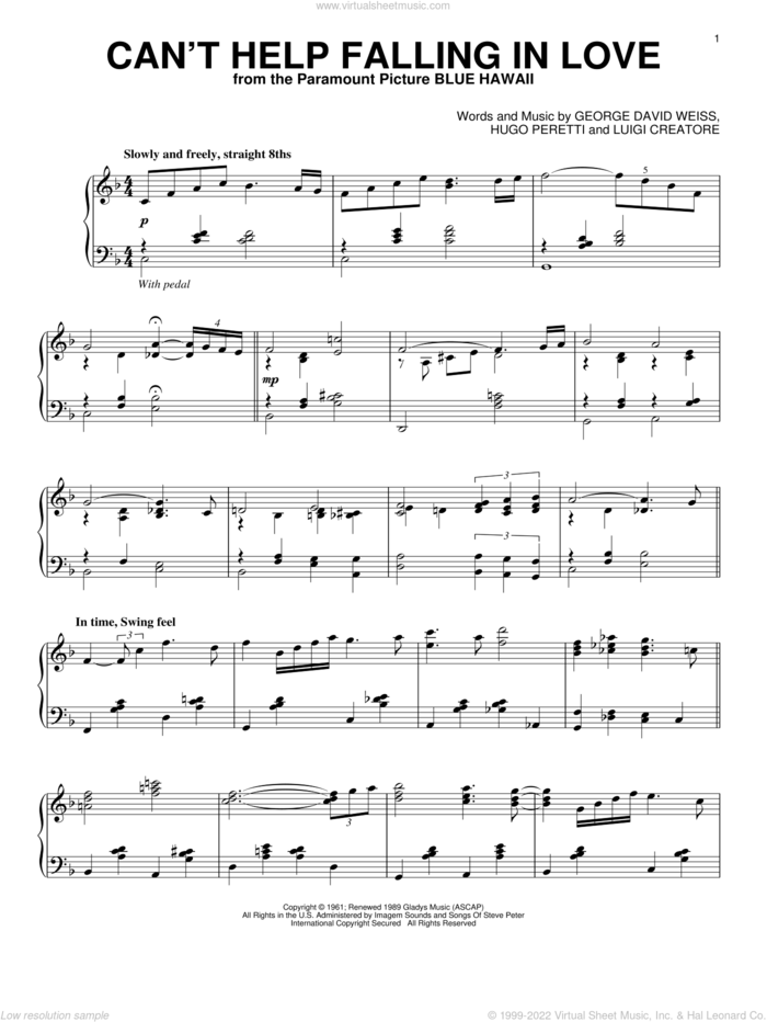 Can't Help Falling In Love [Jazz version] sheet music for piano solo by Elvis Presley, George David Weiss, Hugo Peretti and Luigi Creatore, wedding score, intermediate skill level