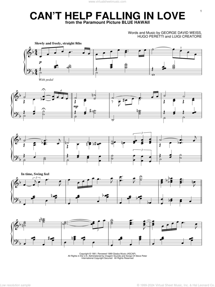 Can't Help Falling In Love [Jazz version] sheet music for piano solo by Elvis Presley, George David Weiss, Hugo Peretti and Luigi Creatore, wedding score, intermediate skill level