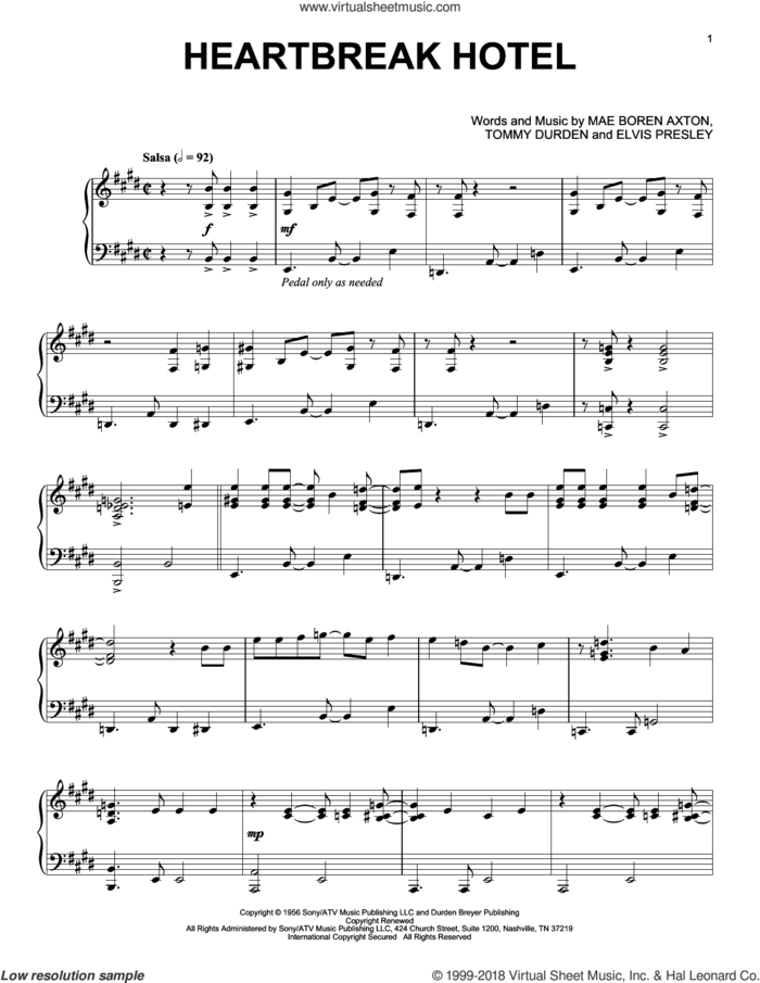 Heartbreak Hotel [Jazz version] sheet music for piano solo by Elvis Presley, Mae Boren Axton and Tommy Durden, intermediate skill level