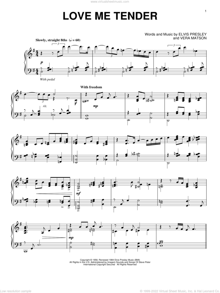 Love Me Tender [Jazz version] sheet music for piano solo by Elvis Presley and Vera Matson, wedding score, intermediate skill level