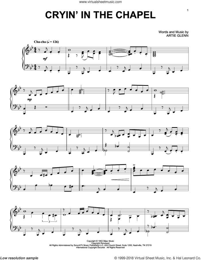 Cryin' In The Chapel [Jazz version] sheet music for piano solo by Elvis Presley and Artie Glenn, intermediate skill level