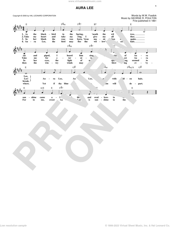 Aura Lee sheet music for voice and other instruments (fake book) by George R. Poulton and W.W. Fosdick, intermediate skill level