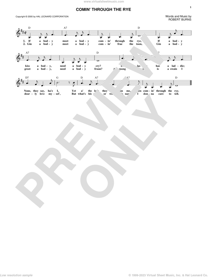 Comin' Through The Rye sheet music for voice and other instruments (fake book) by Robert Burns, intermediate skill level