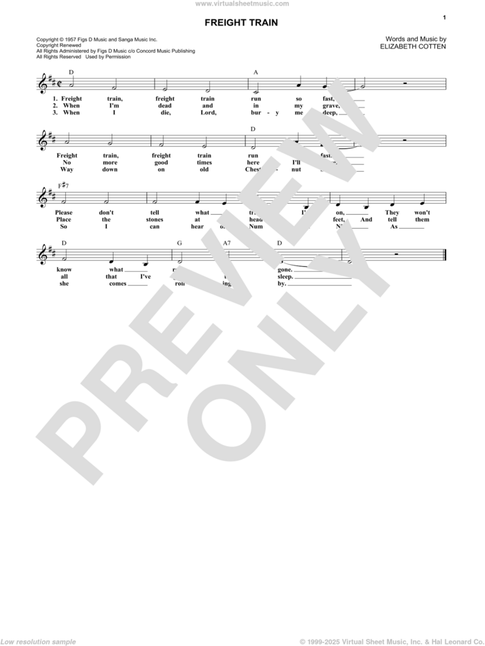 Freight Train sheet music for voice and other instruments (fake book) by Elizabeth Cotten, intermediate skill level