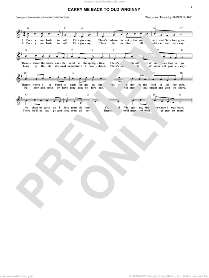 Carry Me Back To Old Virginny sheet music for voice and other instruments (fake book) by James A. Bland, intermediate skill level