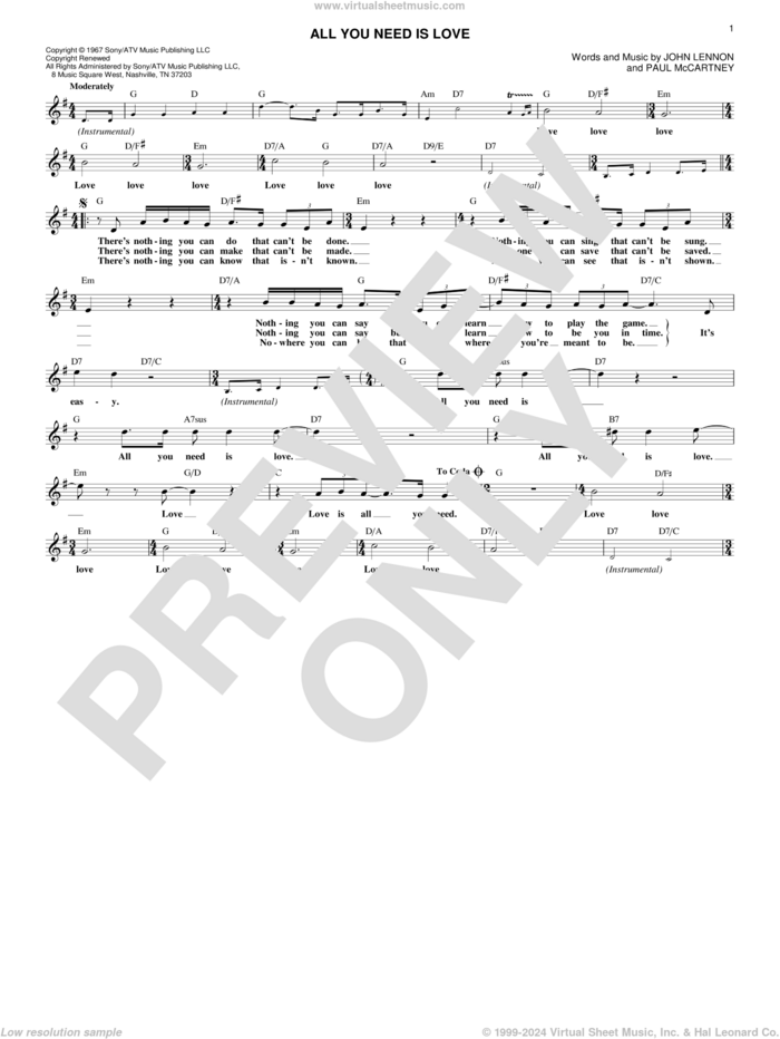All You Need Is Love sheet music for voice and other instruments (fake book) by The Beatles, John Lennon and Paul McCartney, wedding score, intermediate skill level
