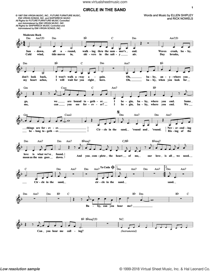 Circle In The Sand sheet music for voice and other instruments (fake book) by Belinda Carlisle, Ellen Shipley and Rick Nowels, intermediate skill level