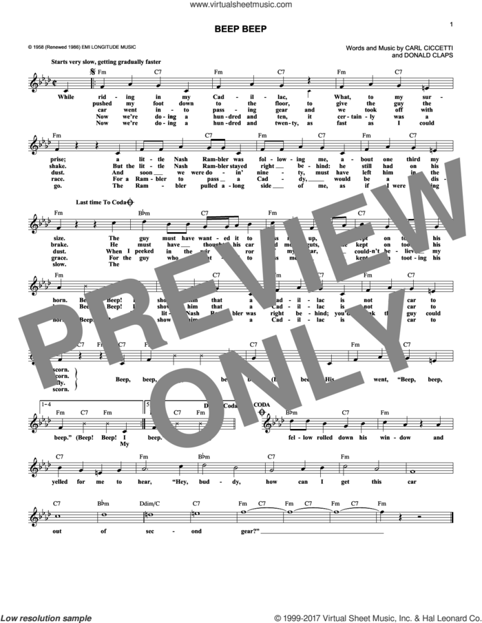 Beep Beep sheet music for voice and other instruments (fake book) by The Playmates, Carl Cicchetti and Donald Claps, intermediate skill level