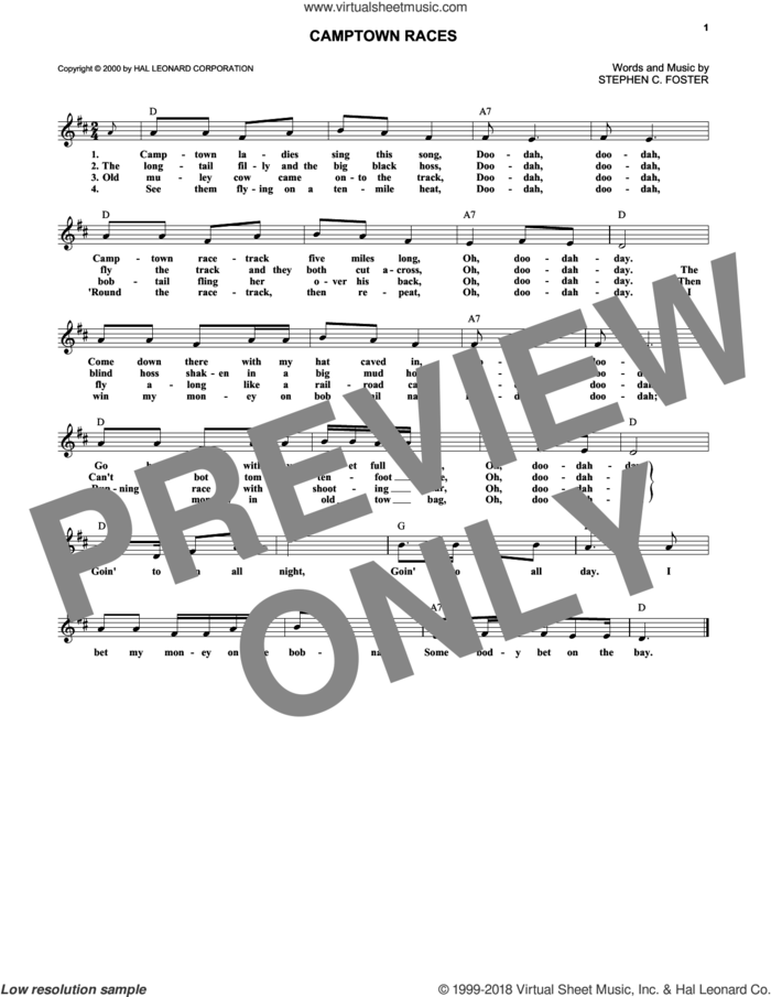 Camptown Races sheet music for voice and other instruments (fake book) by Stephen Foster, intermediate skill level