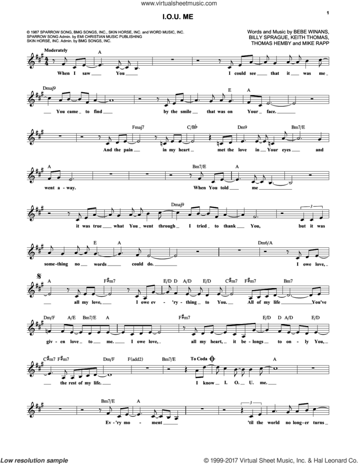 I.O.U. Me sheet music for voice and other instruments (fake book) by BeBe and CeCe Winans, BeBe Winans, Billy Sprague, Keith Thomas and Mike Rapp, wedding score, intermediate skill level