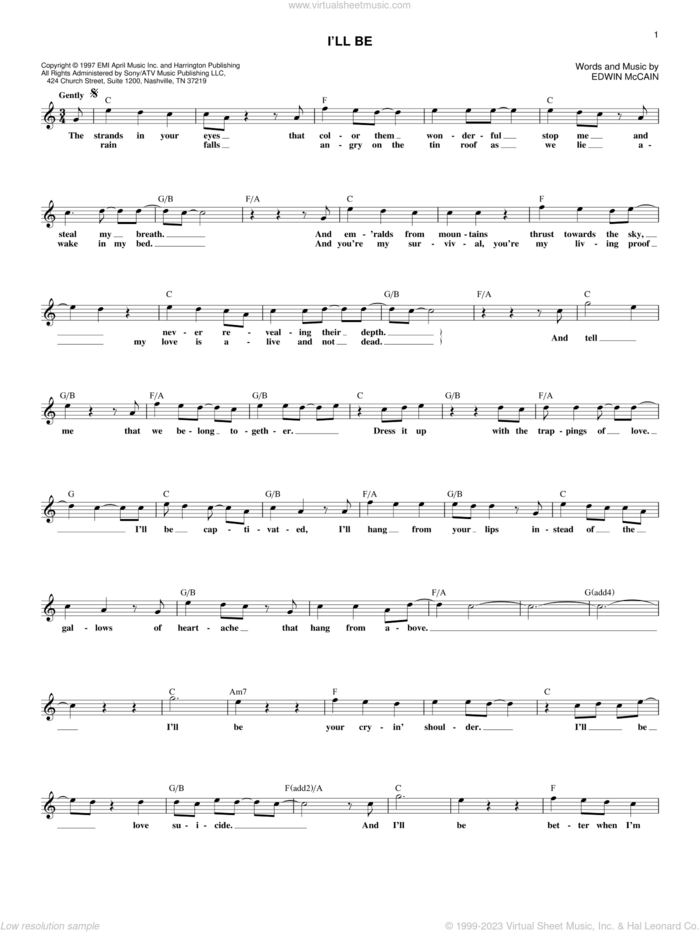 I'll Be sheet music for voice and other instruments (fake book) by Edwin McCain, wedding score, intermediate skill level