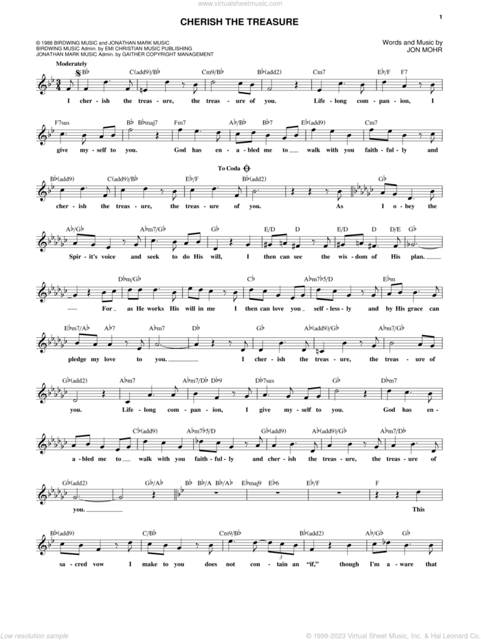 Cherish The Treasure sheet music for voice and other instruments (fake book) by Jon Mohr, wedding score, intermediate skill level