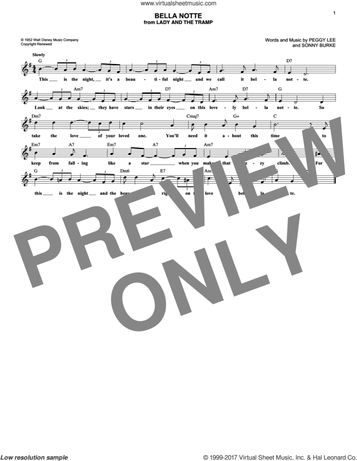 Bella Notte (This Is The Night) (from Lady And The Tramp) sheet music for voice and other instruments (fake book) by Peggy Lee and Sonny Burke, intermediate skill level