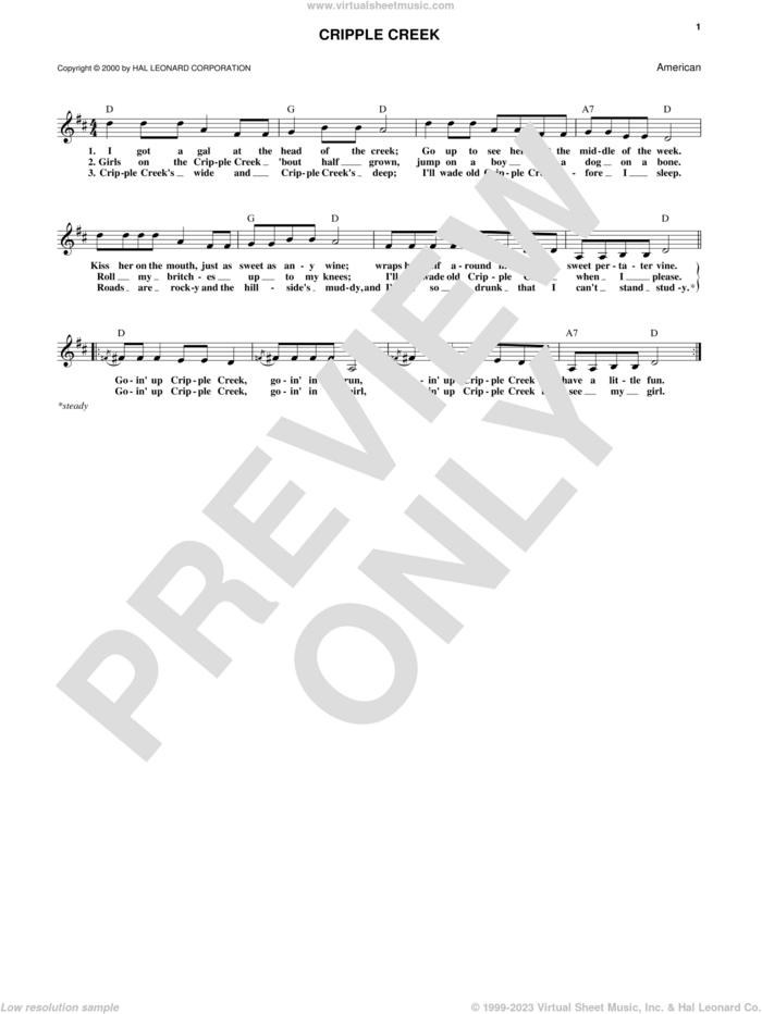 Cripple Creek sheet music for voice and other instruments (fake book), intermediate skill level